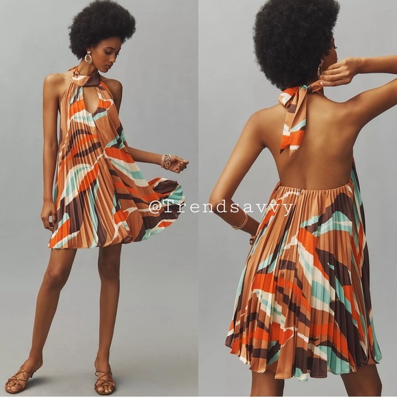 Anthropologie Dresses & Skirts - ANTHROPOLOGIE Hutch Halter Pleated Open Back Swing Mini Dress Brown Orange M NWT